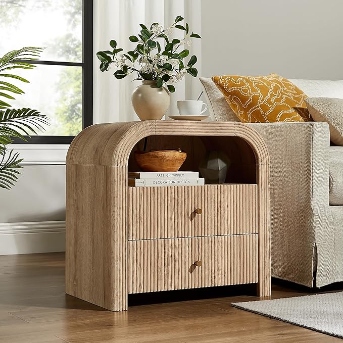 T4TREAM 24" Fluted Nightstand Set of 2, Large 2 Drawers Bedside Table with Charging Station, Modern End Table with Storage Night Stand for Bedroom, Living Room, Round Curved Corner Design, Natural Oak