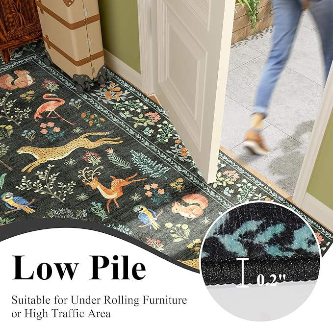 DUKINO Runner Rug, 2x8 Washable Kitchen Rugs for Hallways with Non Slip Backing, Soft Low Pile Vintage Animal Runner for Kitchen, Hallway, Entryway, Laundry, Bedroom, Black