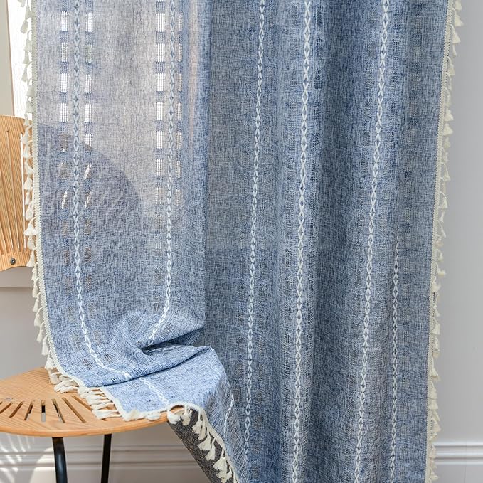 Deeprove Denim Blue Boho Curtain 96 inches Length for Bedroom Dining Room, Rustic Country Bohemian Sheer 96 inches Long Stripe Embroidery Privacy Window Tassel Cottage Decor W52 x L96, 1 Panel