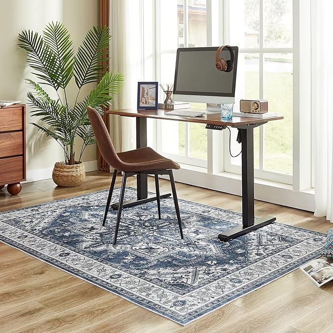 WITSHOCK Living Room Area Rugs 5x8: Washable Rug Boho Soft Non-Slip Low Pile Stain Resistant Foldable Carpet for Bedroom Playroom Dining Room Office Kitchen Farmhouse Home Decor Rug-Blue