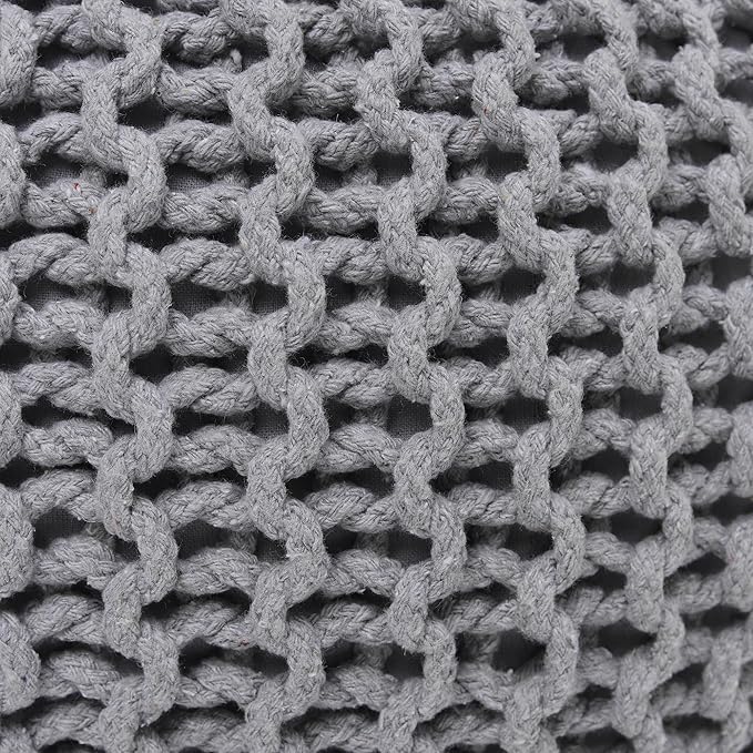 REDEARTH · Round Boho Pouf Ottoman - Cable Knitted Cord Boho Pouffe - Stuffed Poof Accent Beanbag Footrest for Living Room - Nursery - Bedroom - Covered Patio - Study Nook (18”x18”x14”) - Gray-S