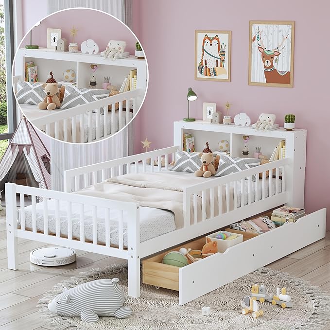 Wood Twin Size Platform Bed with Safety Fence for Kids Boys Girls, Platform Bed Frame with Practical Headboard and 2 Under-Bed Drawers, Sturdy Slats Support (White-3.15)