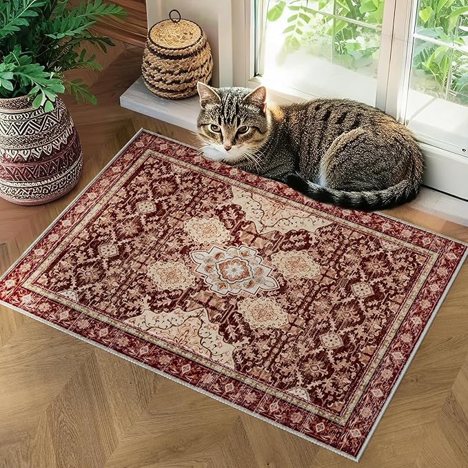 AMTOVO 2x3 Washable Entryway Area Rug Door Mat, Vintage Boho Distressed Print Pattern Non-Slip Carpet, Small Throw Rug for Indoor Entrance Kitchen Bedroom Bathroom Laundry Floor, Vintage Red