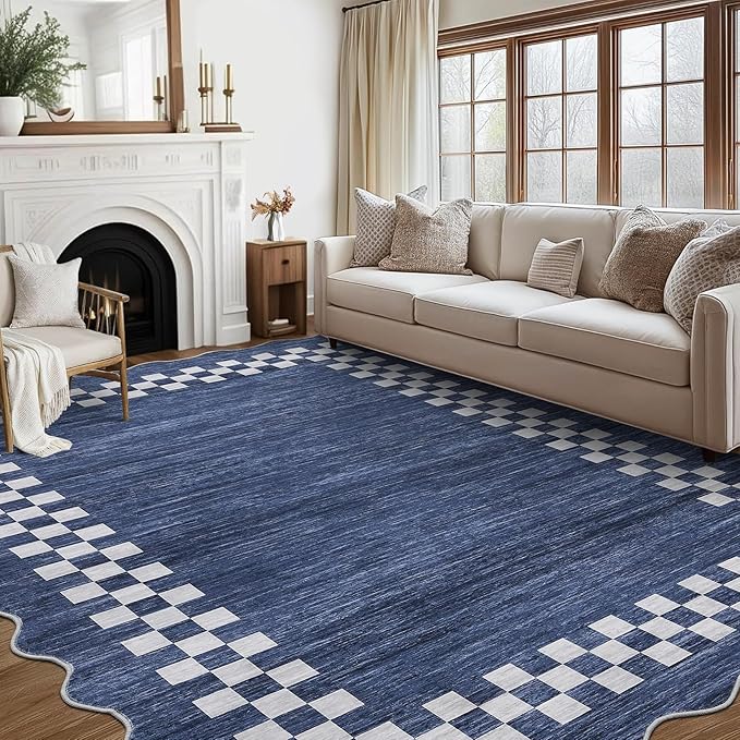 GarveeHome 10x13 Area Rug Large Living Room Scalloped Rug Non Slip Low Pile Bedroom Throw Carpet Soft Modern Bordered Dining Room Rug Stain Resistant Boho Carpet for Home Office, Blue