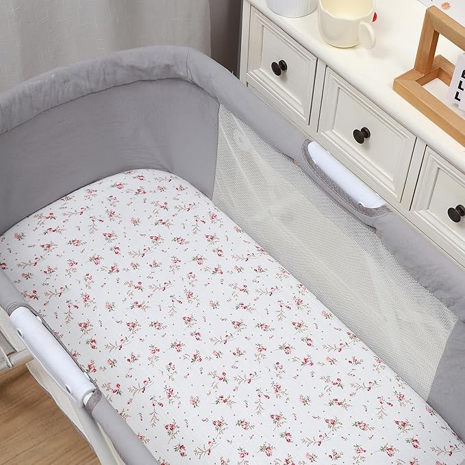 Onacosht Muslin Bassinet Sheets 3 Pack, 100% Cotton Baby Fitted Sheet 33" X 17" for Rectangle, Round, Oval, Hourglass Mattress, Pink and Floral