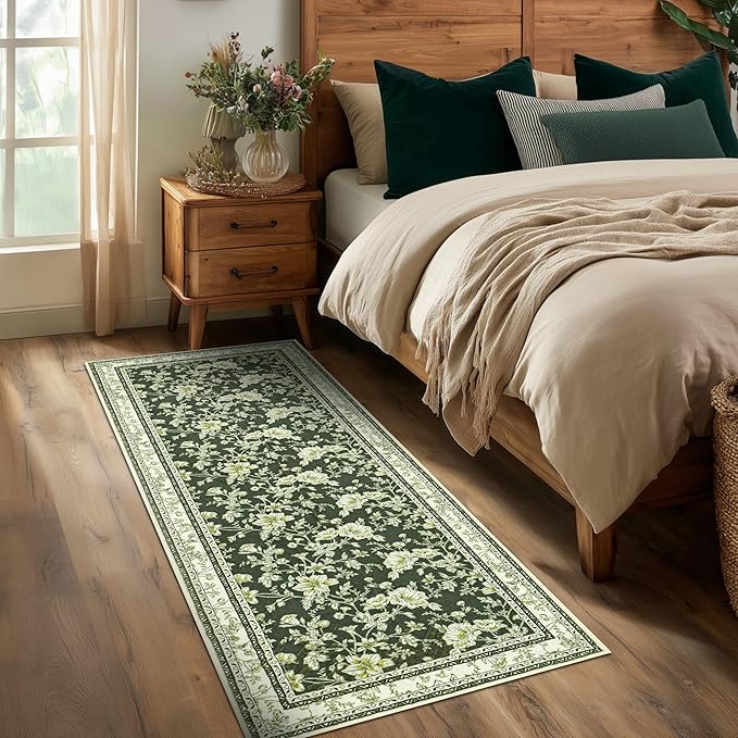 Olive Green Floral Print Area Rugs for Bedroom Living Room Boho Farmhouse Country Rustic Dining Room Carpet Soft Washable Rugs Non Slip Floor Covering for Nursery Playroom 2x6