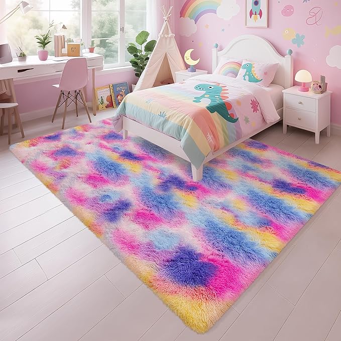 Dark Rainbow Rug for Kids Room 6x9 Cute Fluffy Kids Area Rugs for Bedroom Girls Boys Teens Dorm Toddler Nursery Soft Plush Fuzzy Shag Carpet for Living Room Indoor Floor Shaggy Rug Non Slip