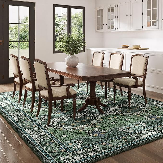 8x10 Washable Dark Green Floral Area Rug for Living Room, Non-Slip Soft Floral Print Vintage Boho Carpet, Forest Green Low Pile Rugs for Bedroom, Dining Room, Indoor Decor