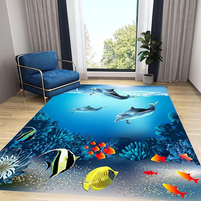 Sea Dolphin Indoor Area Mat, 5x7ft, Ocean Beach Coral Fish Bathroom Rug, Blue Ocean Theme Reduce Noise Home Decor Mat, Nursery Decor Washable Nonskid Carpet for Office Floor Sofa