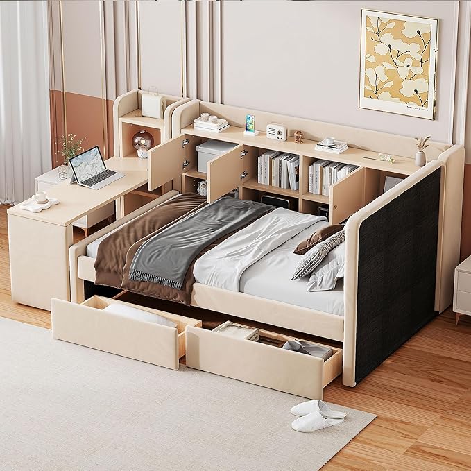 Twin Size Daybed with Desk, Storage Drawers and L-Shaped Bookshelf Headboard, Velvet Upholstered Soft Corner Bed with Flip Cabinets and Shelves for Kids Boys Girls, Beige