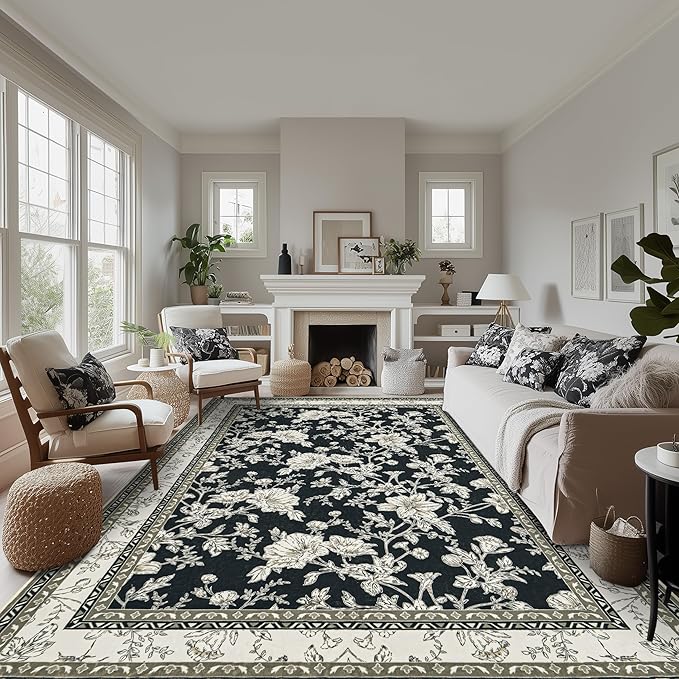 Black Floral 8x10 Area Rugs for Living Room, Cream Beige Taupe Sketch Pattern Bedroom Rug Boho Low Pile Dining Room Washable Carpet 8x10, Vintage Soft Indoor Non-Slip Floor Covering Nursery Playroom
