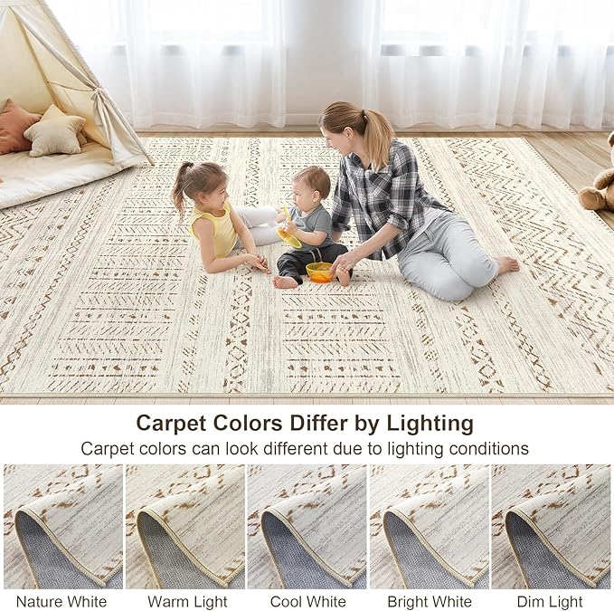 Area Rugs for Living Room Washable Living Room Rug Soft Neutral Indoor Floor Carpet Non-Slip Stain Resistant Modern Boho Rugs for Bedroom Dining Room Kids Room Nursery Office Home Brown/Cream
