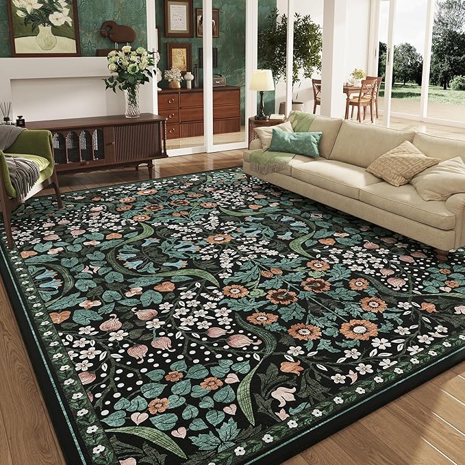 6x9 Green Floral Washable Area Rug for Living Room, Non-Slip Soft Vintage Boho Carpet, Botanical Forest Green Low Pile Rugs for Bedroom, Dinning Room, Dorm, Nursery, Black and Green