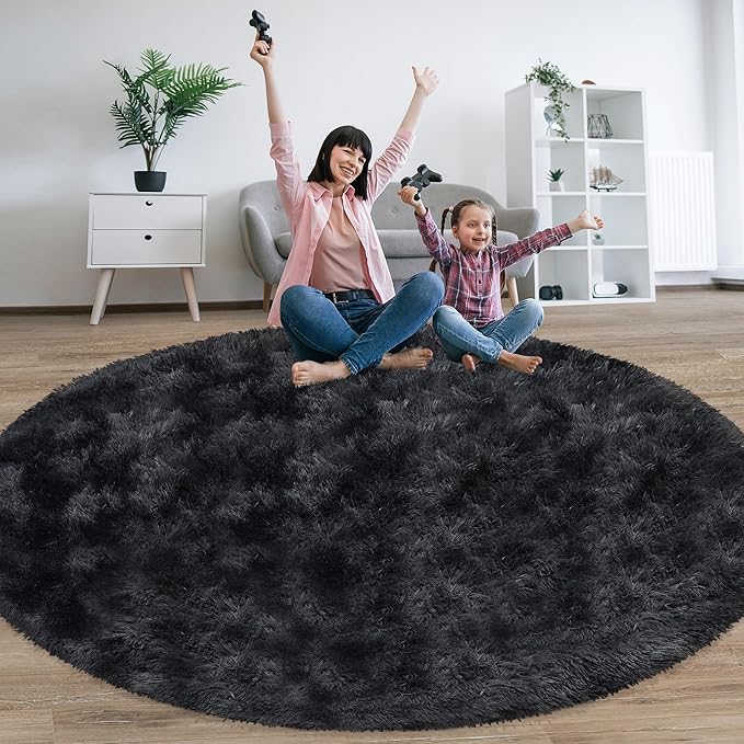 8 ft Round Fluffy Large Black Rug for bedroom,Tie Dyed Furry Round Carpet Non Slip Fuzzy Shaggy Plush Circle Big Area Rug for living room Room Nursery Room Playroom Kids Room Home Decor Washable