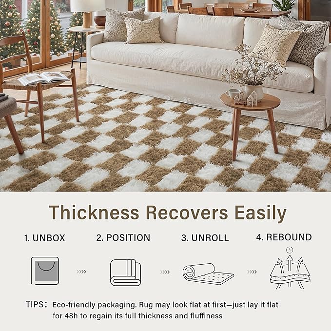Checkered Rug 5x7 for Living Room, Beige and White Modern Shag Rug Super Soft Washable Indoor Fuzzy Carpet Non-Slip Fluffy Rugs for Bedroom Home Aesthetic Decor