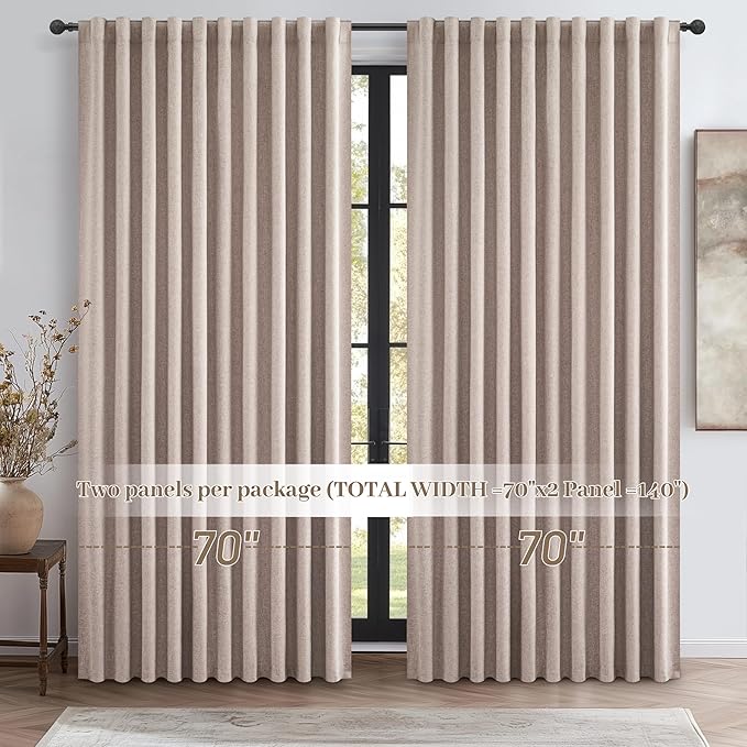 140 Inches Extra Wide Curtains (Each W70xL108x2) Linen Farmhouse Insulated Thermal Large Window Heavy Duty Draps for Summer Heat Patio Sliding Door 100 Percent Blackout Hook Belt(W70xL108x 2Panels)