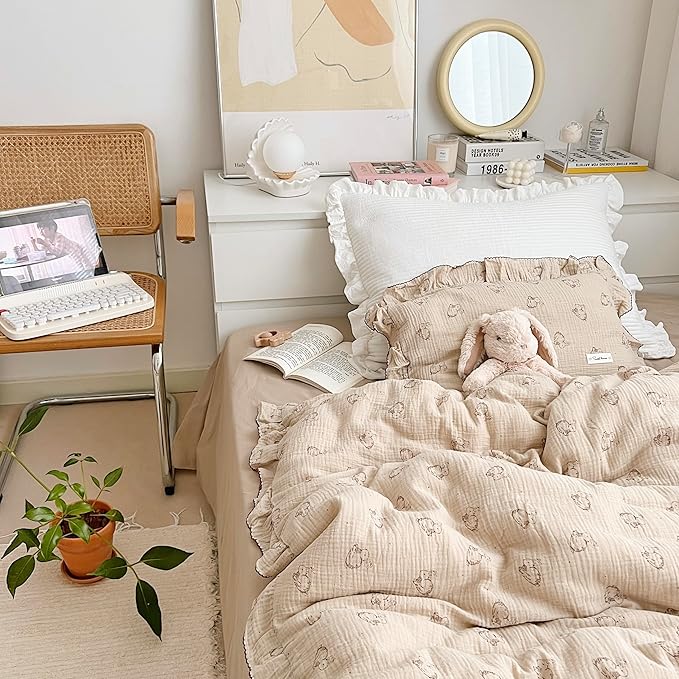 AOJIM Rabbit Muslin Kids Duvet Cover for Girls Boys, 1 Piece Pure Cotton Toddler Bedding Comforter Cover 47X59 inches, 2-Layer Gauze Chic Duvet Cover with Ruffled Edges for Crib, No Comforter Insert