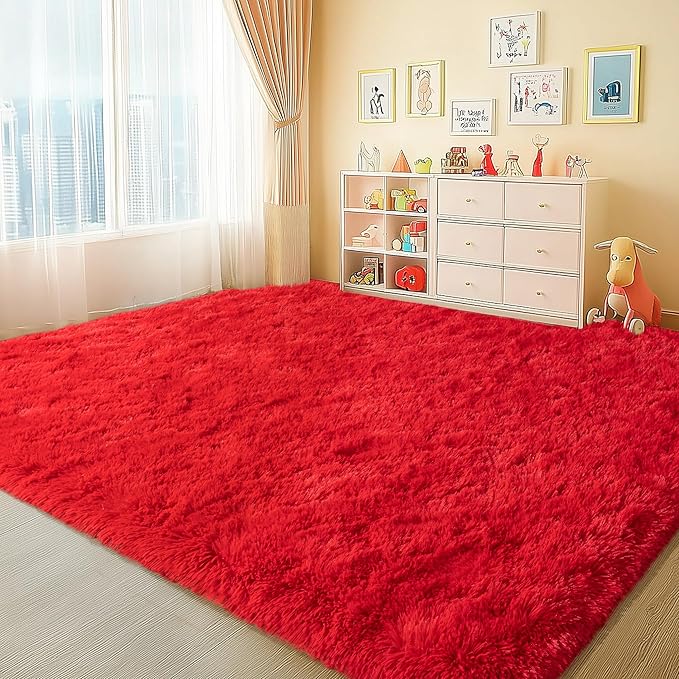 Large Shag Rugs 6 x 9, Red Fluffy Area Rug for Living Room, Soft Fuzzy Plush Carpet for Bedroom Girls Kids Room, Indoor Shaggy Rug for Home Decor Aesthetic, Upgrade Non-Slip