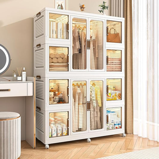 Portable Closet Wardrobe, Foldable Clothes Organizer with 10 Cubby Storage, 2 Hanging Rods, Easy Assemble Clothing Storage with 16 Hangers, Kids Wardrobe Cabinet
