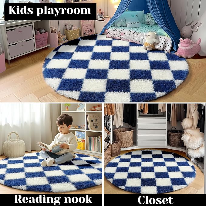 KICMOR Round Rugs 5ft Blue and Cream White Circle Area Rug, Fluffy Soft Fuzzy Shag Shaggy Bedroom Living Room Carpet, Indoor Checkered Circular Rug for Kids Boys Girls Home Decor Aesthetic, Nursery