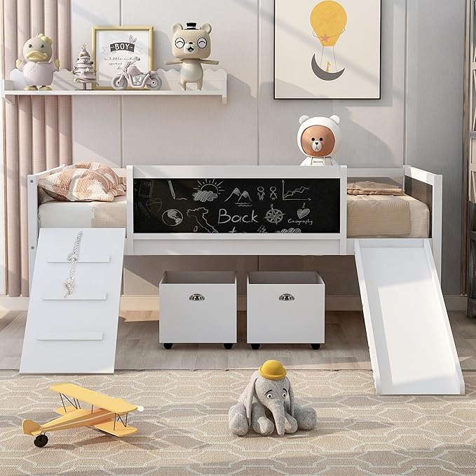 Play Fun Design Twin Size Loft Bed with Slide and Rope Climbing Ladder for Kids Boys Girls, Solid Wood Loft Bed Frame with 2 Storage Boxes and Double-sided Chalkboard, Sturdy Slat Support (White-2)