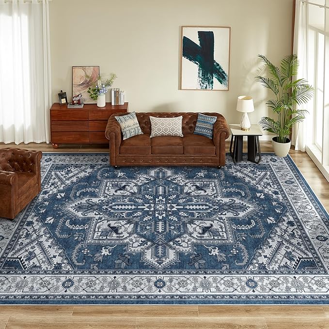 WITSHOCK Living Room Area Rugs 12x15: Washable Rug Boho Soft Non-Slip Low Pile Stain Resistant Foldable Carpet for Bedroom Playroom Dining Room Office Kitchen Farmhouse Home Decor Rug-Blue