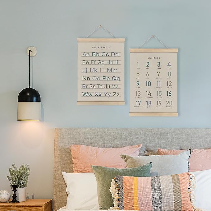 HRQKO Alphabet Numbers Poster Hanger Frame Set of 2, Nursery Wall Decor, Boho ABC Poster Wall Art with Wooden Frames, Alphabet Banner Wall Hanging Decor for Boy Toddler Room Playroom, 12x16 Inch