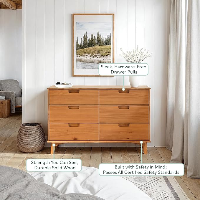 Walker Edison Sloane 6-Drawer Groove Handle Solid Wood Dresser, 52 Inch, Walnut
