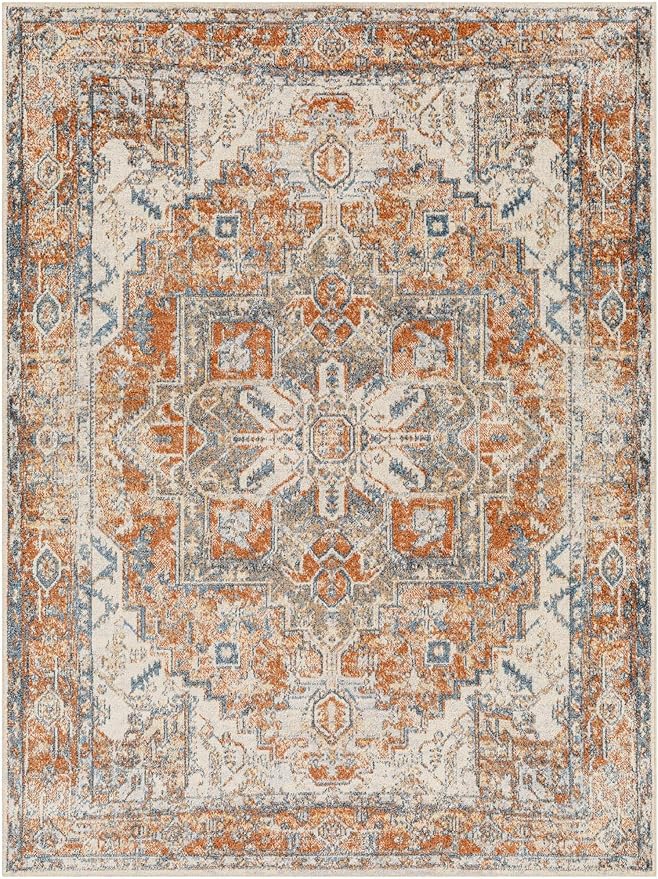 Mark&Day Washable Rugs, 7ft Round Dry Ridge Traditional Rust Area Rug, Orange Blue Ivory Carpet for Living Room, Bedroom or Kitchen (6'7" Round, Machine Washable)
