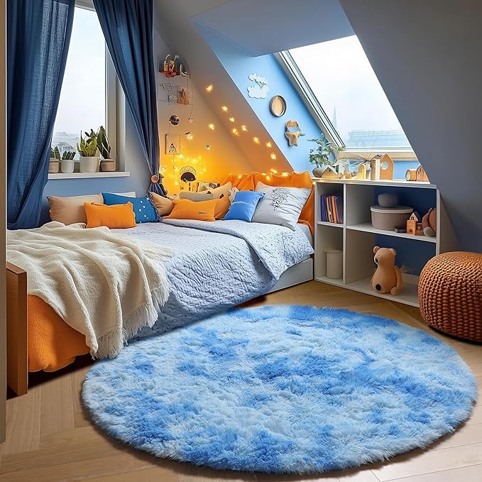 ONASAR Tie-Dye Blue Round Area Rug 4x4, Soft Bedroom Circle Rugs Floor Mats for Kids Girls Teen Room, Kawaii Fluffy Plush Shaggy Carpet for Baby Nursery Living Room Playroom Home Decor