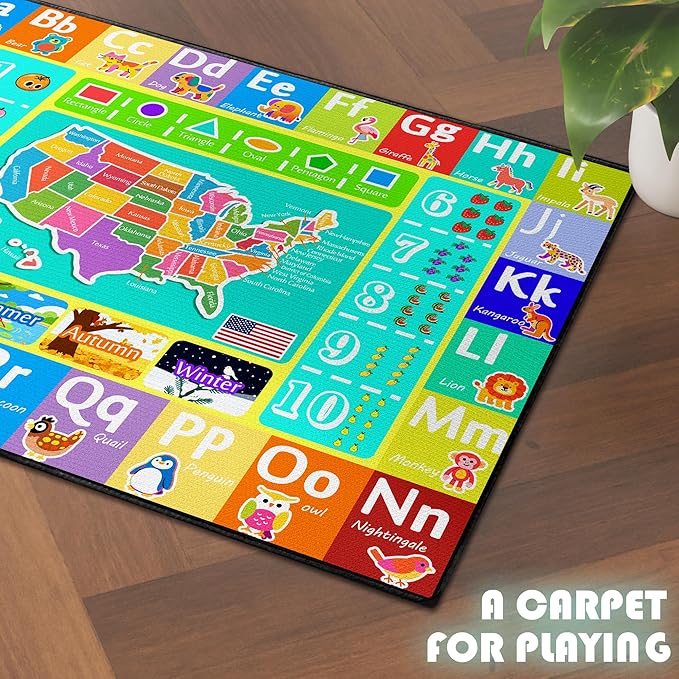 ABC Rug for Kids Playroom, 3x4 Washable Classroom Area Rugs, Educational Learning Mat with Alphabet Numbers Animals Seasons Shapes for Classroom Preschool Playroom