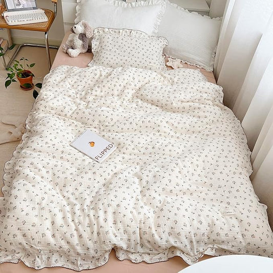 AOJIM Muslin Baby Kids Duvet Cover with Ruffled Edges for Boys Girls, 1 Piece Pure Cotton Toddler Comforter Cover 47X59'', Rose Pattern Kids Bedding 2-Layer Gauze, No Quilt or Pillowcases