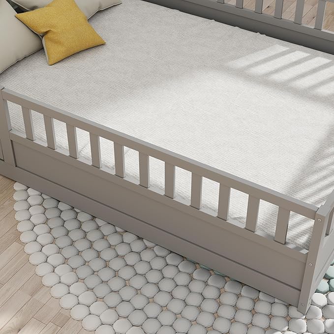 GDFStudio Full Size Floor Bed Frame with Opening Door & Guardrails, Montessori Toddler Full Bed Frame for Boys Girls, Wooden Low to Floor Bed Rails for Toddlers, Support Slat, Grey