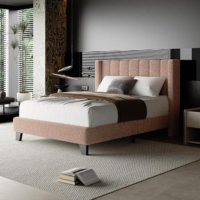 Full Bed Frame with Headboard Upholstered Platform Bed Frame with Teddy Velvet Headboard, Wooden Slats Support/Wing Edge Design/No Box Spring Needed/Easy Assembly, Brown Full