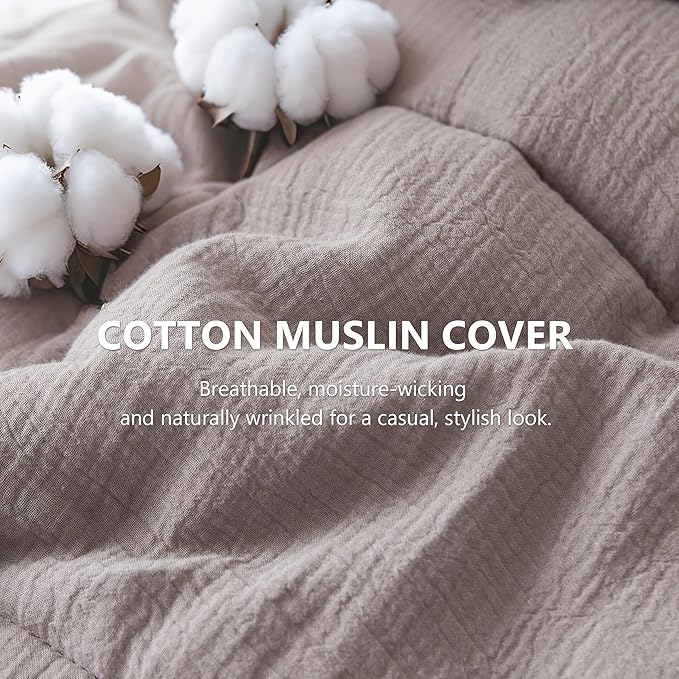 Simple&Opulence 100% Cotton Muslin Comforter Set Queen Size, 3PCS Washed Cotton Gauze Comforter, Soft Lightweight All Seasons Bedding Sets with 2 Pillow Shams(Grey-Brown,Queen)