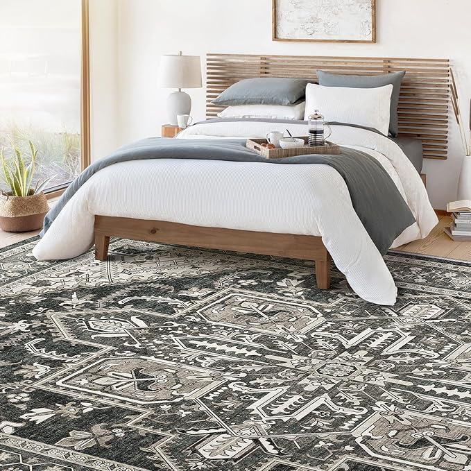 WITSHOCK Living Room Area Rugs 9x12: Washable Rug Boho Soft Non-Slip Low Pile Stain Resistant Foldable Carpet for Bedroom Playroom Dining Room Office Kitchen Farmhouse Home Decor Rug-Bitter Black