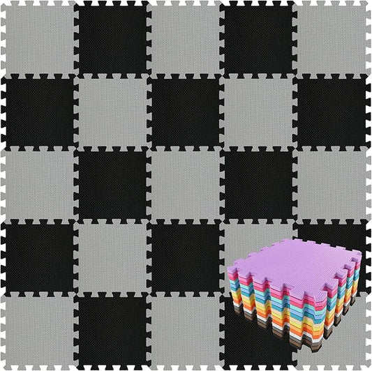 qqpp EVA Rubber 18 Tiles Interlocking Puzzle Foam Floor Mats - Baby Play Mat for Playing | Exercise Mat for Home Workout. Black, Gray. QC-DLb18N