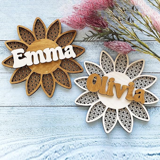 Personalized 3D Name Sign for Nursery, Custom Boho Floral Name Sign, 3D Wooden Layered Handmade Letter Wall Decor for Nursery or Child's Bedroom, Rattan Baby Name Sign