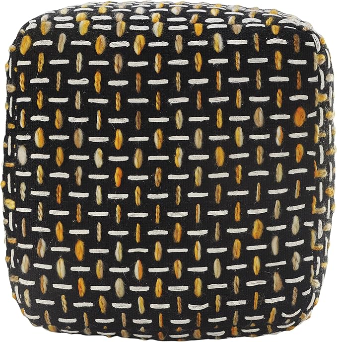 L. R. Resources, Inc. LR Home Hand-Woven Black/Gold/White Geometric Square Ottoman Pouf for Home Decor | Lightweight Foot Rest for Bedroom & Living Room | 16 x 16 x 16 Stuffed Ottoman for Seating