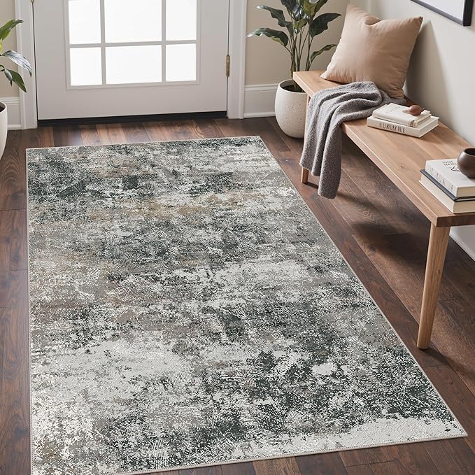 GENIMO 3x5 Rug for Entryway Washable Area Rug, Modern Abstract Small Rugs for Entrance Living Room, Bedroom Beside Rugs, Non-Slip Low Pile Lightweight Soft Carpet, Black Grey