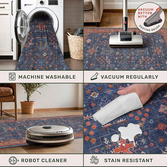 Washable 10 ft Long Runner for Kitchen Floor - Navy Blue Hallway Runner Rug, Pet Friendly Waterproof Non Slip with Rubber Backing, Stain Resistant Laundry Room Rug (3x10 Navy Blue & Terracotta)