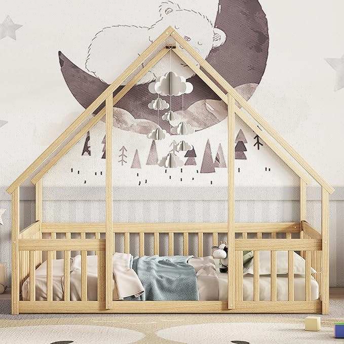Bellemave Full Floor Bed for Kids, Girls, Boys, Wood House Bed Frame, House Floor Bed for Kids, Full Size Montessori Floor Bed with Fence, Playhouse, Natural