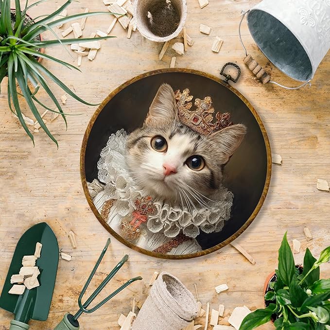 Hiuwevt Cat Renaissance Style Wall Art Decor, Cat Mom Lovers Gifts for Women Framed Canvas Prints, King Kitten Round Wall Hanging Decor for Home Bedroom Living Room Decorations, 10x10 Inches