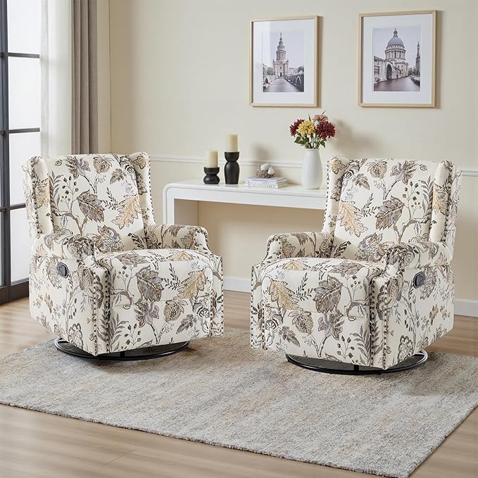 UIXE Floral Swivel Glider Recliner Chairs Set of 2, High Back Nursery Rocker Fabric Accent Chair for Living Room, Rivet Trim Upholstered Armchair Manual Reclining Sofa Seating - Beige Plants