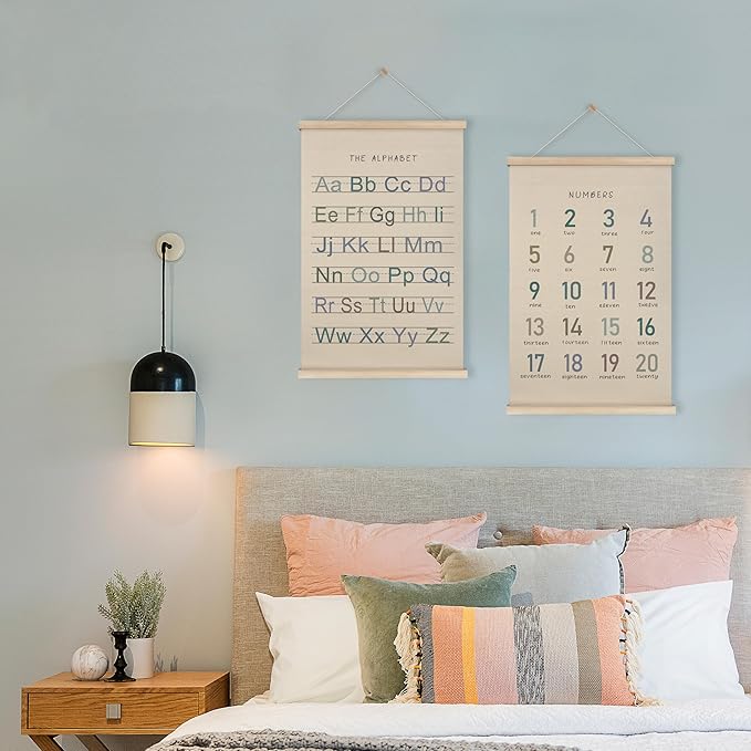 HRQKO Alphabet Numbers Poster Hanger Frame Set of 2, Nursery Wall Decor, Boho ABC Poster Wall Art with Wooden Frames, Alphabet Banner Wall Hanging Decor for Boy Toddler Room Playroom, 16x24 inch