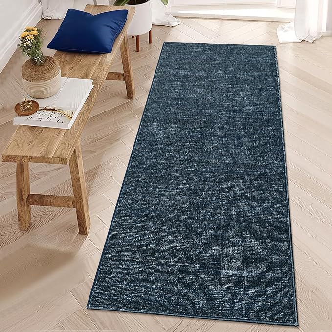 Washable Runner Rug 2x6 Modern Solid Color Kitchen Runner Mat Minimalist Plain Long Runner Rug for Entryway Bedroom Bedside Non Slip Low Pile Boho Accent Solid Runner Rugs for Nursery, Navy 2'x6'