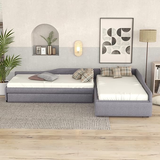 Bellemave L-Shape Platform Bed Twin Size Upholstered Daybed with Trundle and Storage Drawer Linen Corner Day Bed Frame for 3 Kids Boys Girls Teens, Gray