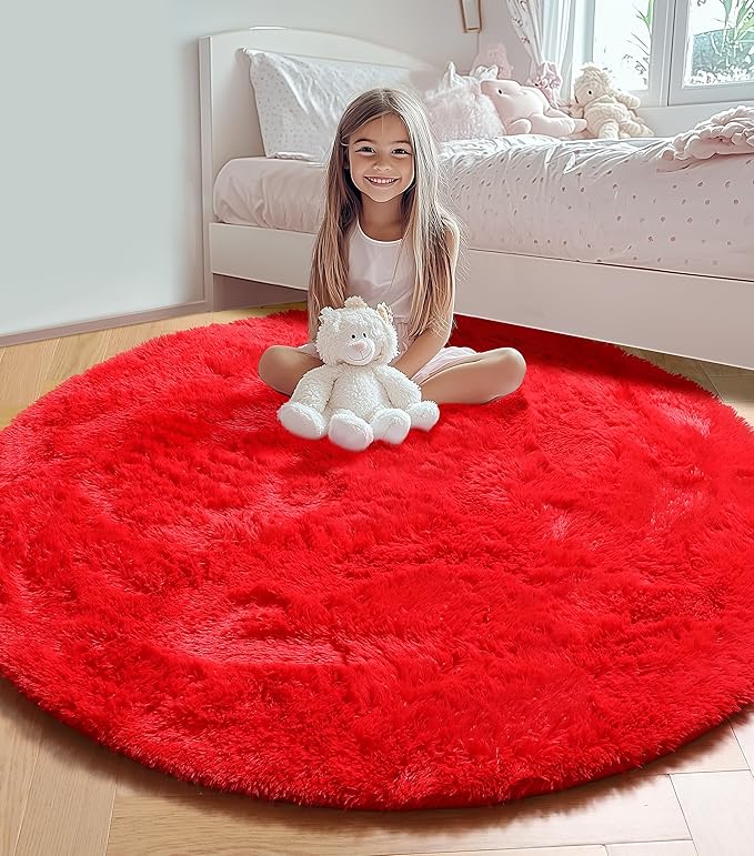 ONASAR Red Round Area Rug 4x4, Soft Bedroom Circle Rugs Floor Mat for Kids Girls Teen Room, Kawaii Fluffy Plush Shaggy Carpet for Nursery Living Room Playroom Christmas Home Decor Princess Castle
