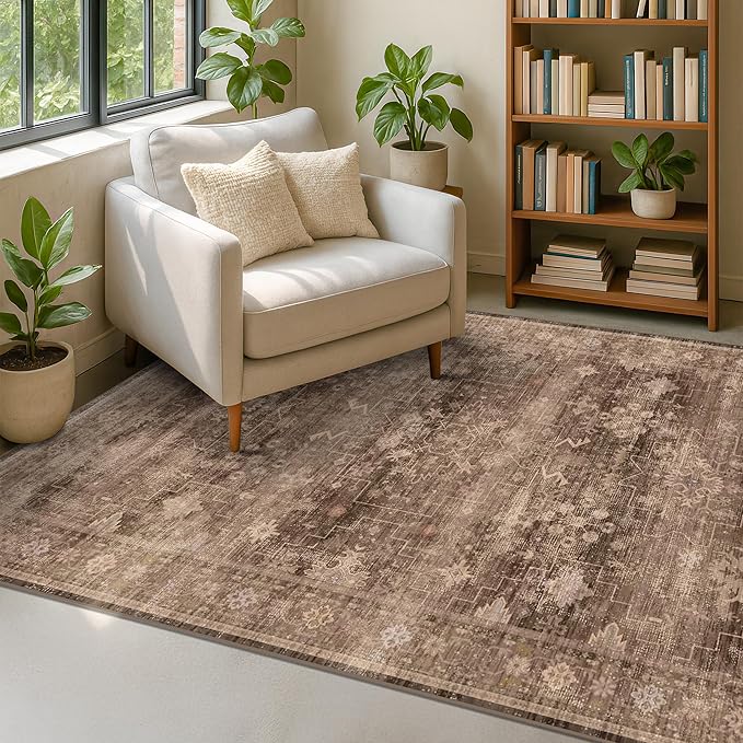 Boho Brown Living Room Rug 6x8 - Modern Vintage Traditional Oriental Taupe Neutral, Washable Low Pile Non-Slip Extra Large Area Rugs for Dining Under Table Bedroom Lounge