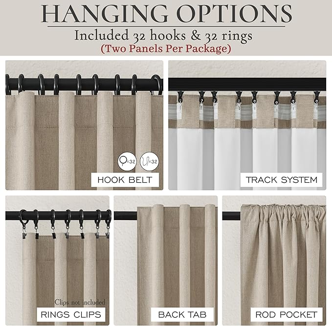 100% Blackout Curtains 84 Inch Length 2 Panels Set Farmhouse Style for Bedroom Windows/Living Room Thermal Insulated Neutral Boho Drapes Linen Blend Dark GreyBeige 7ft Long Hook Belt Pleated/Back Tab